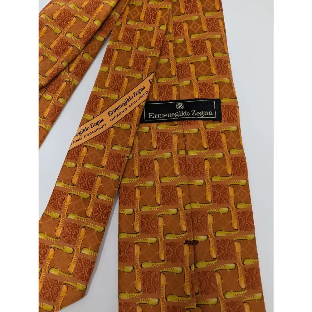 Ermenegildo Zegna Geometric‎ Pointed Neck Tie Golden Rust Adjustable 100% Silk